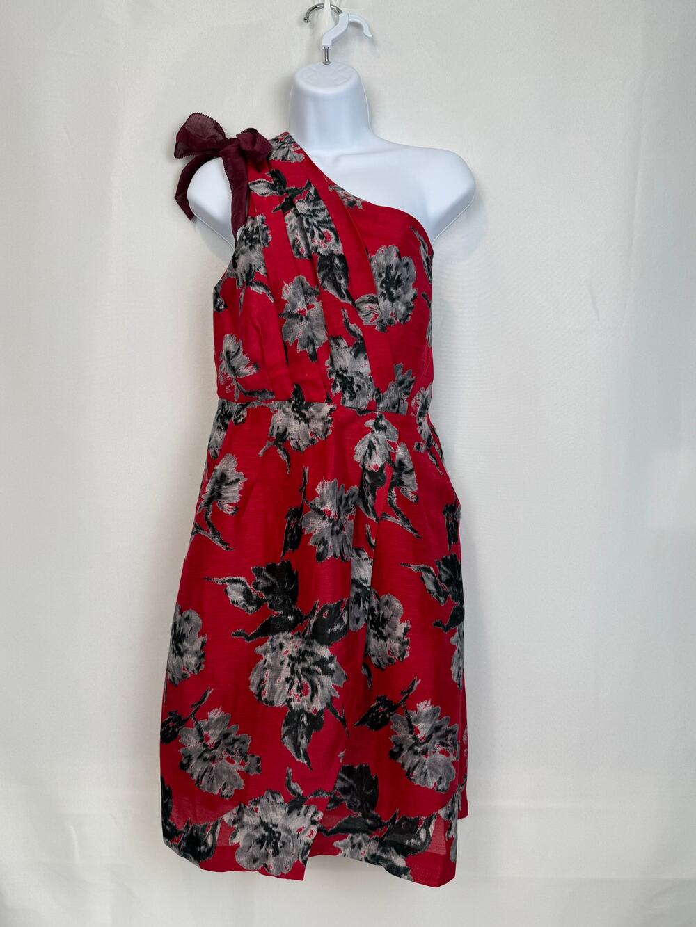 Va Et Vien for BHLDN One Shoulder Linen Silk Dress SZ 12 Red Floral Bow Pleated
